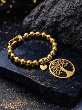 24K Gold Plated Stainless Steel Beaded Bracelet Solid Tree Of Life Charm Boho